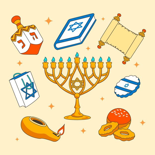Colección de elementos de diseño dibujados a mano para la festividad judía de hanukkah