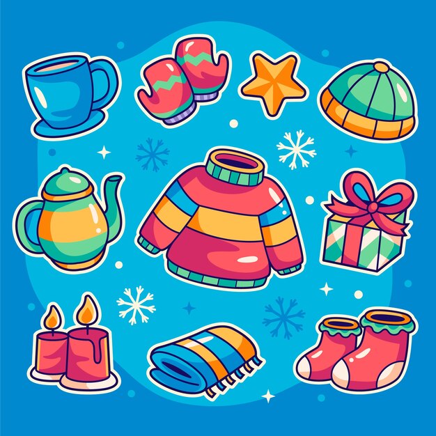 Colección de elementos de diseño dibujados a mano para la temporada de invierno.