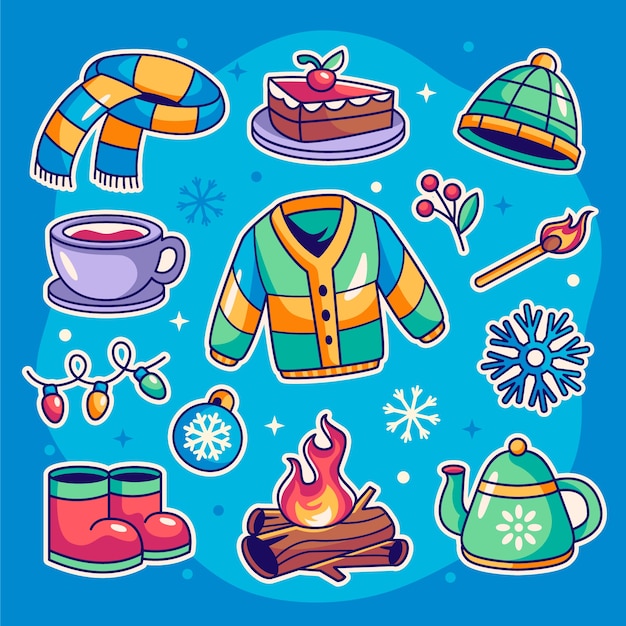Colección de elementos de diseño dibujados a mano para la temporada de invierno.