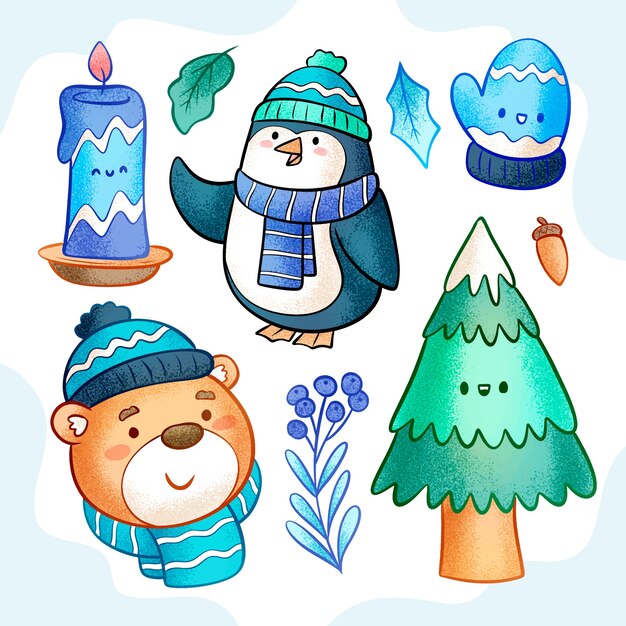 Colección de elementos de diseño dibujados a mano para la temporada de invierno.