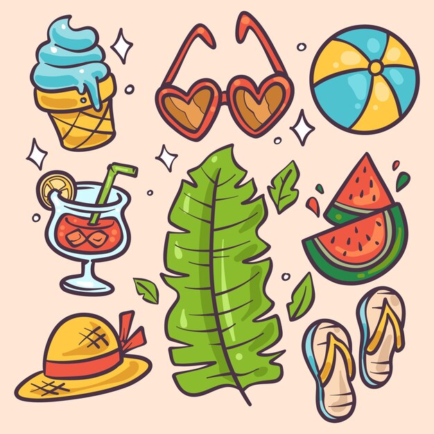 Colección de elementos de diseño dibujados a mano para la temporada de verano