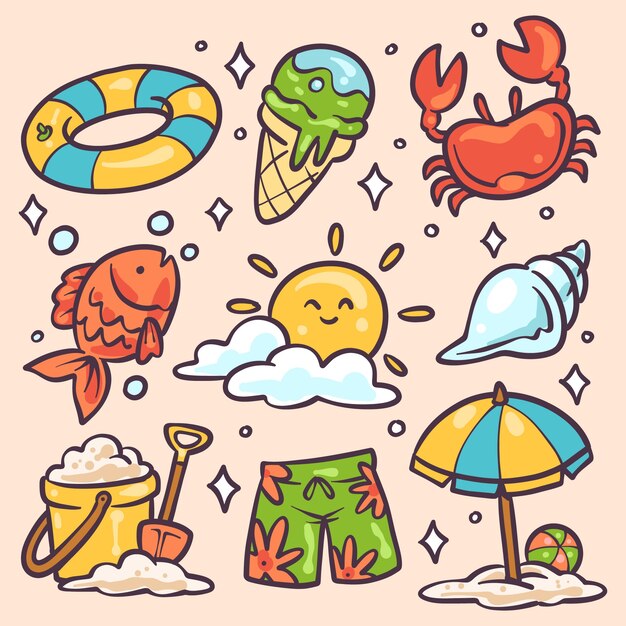 Colección de elementos de diseño dibujados a mano para la temporada de verano