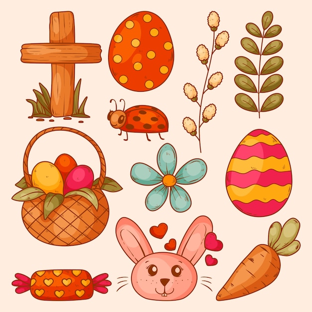 Vector gratuito colección de elementos de diseño dibujados a mano para las vacaciones de pascua.