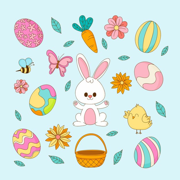 Colección de elementos de diseño dibujados a mano para las vacaciones de Pascua.