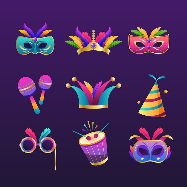 Colección de elementos de diseño gradiente para la celebración de fiestas de carnaval