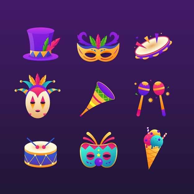 Colección de elementos de diseño gradiente para la celebración de fiestas de carnaval