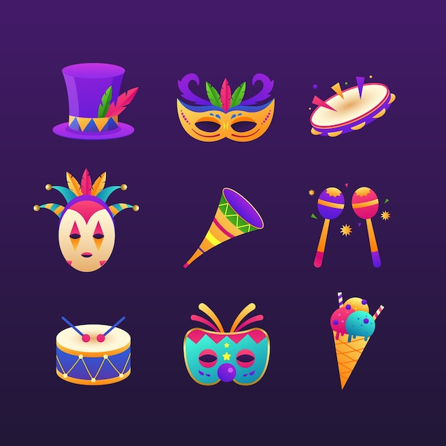 Colección de elementos de diseño gradiente para la celebración de fiestas de carnaval