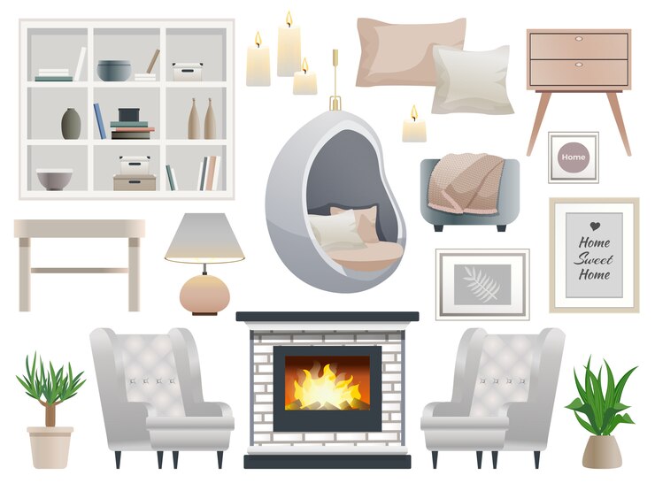 Vector gratuito colección de elementos de diseño interior de estilo hygge