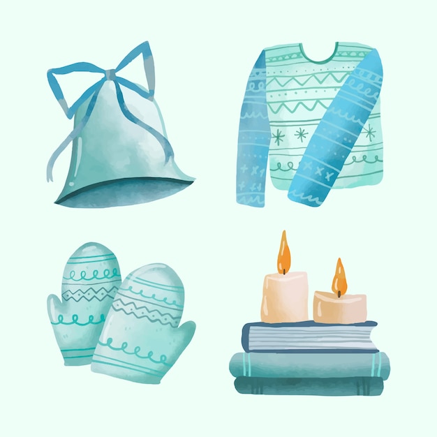 Colección de elementos de diseño de invierno en acuarela