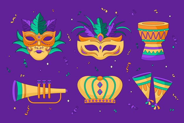 Colección de elementos de diseño de mardi gras dibujados a mano