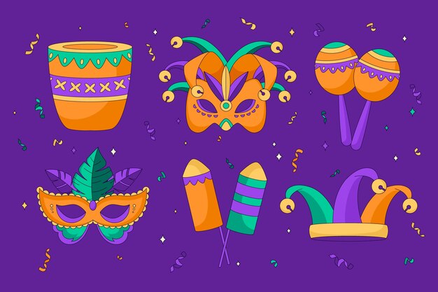 Colección de elementos de diseño de mardi gras dibujados a mano