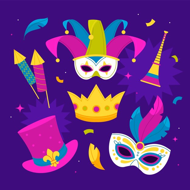 Colección de elementos de diseño de mardi gras planos