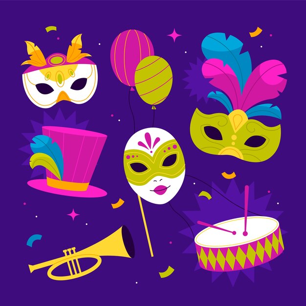Colección de elementos de diseño de mardi gras planos