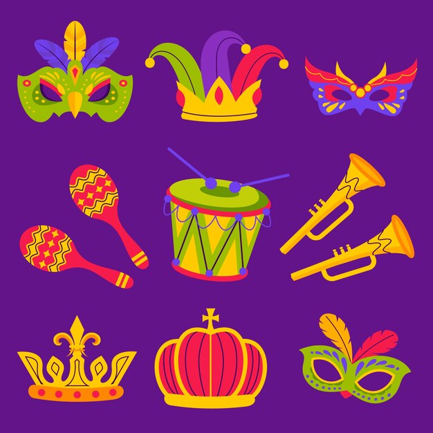 Colección de elementos de diseño de mardi gras planos