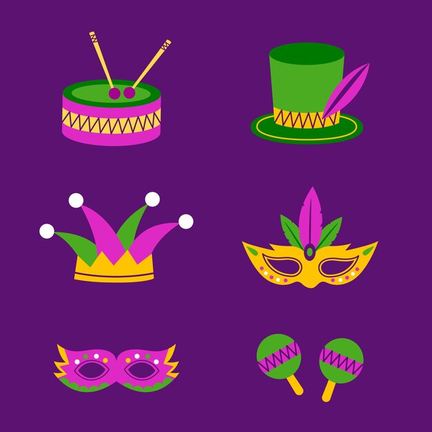 Colección de elementos de diseño de mardi gras planos