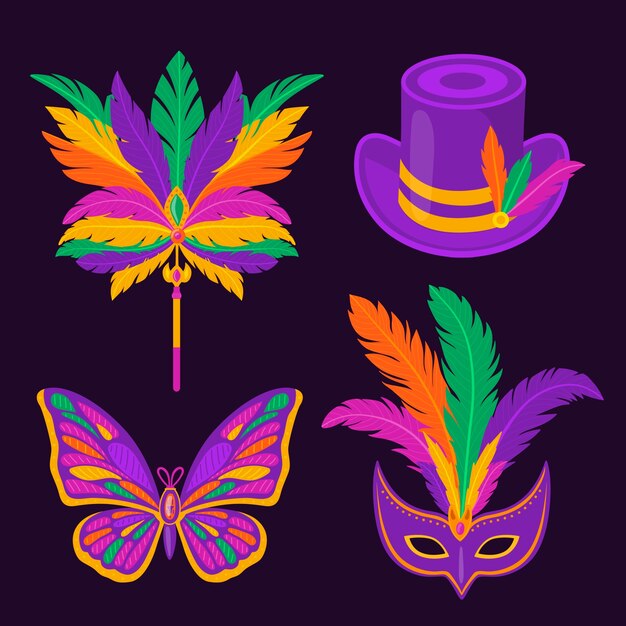 Colección de elementos de diseño de mardi gras planos