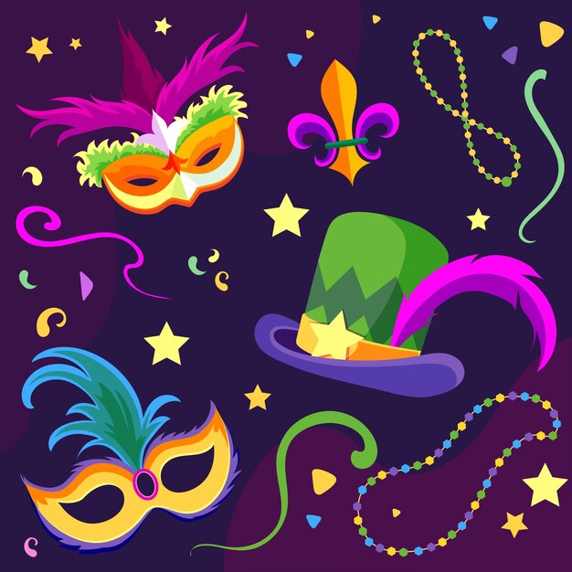 Colección de elementos de diseño de mardi gras planos