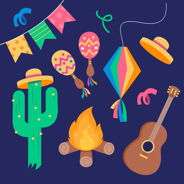 Colección de elementos de diseño plano para la celebración brasileña de festas juninas