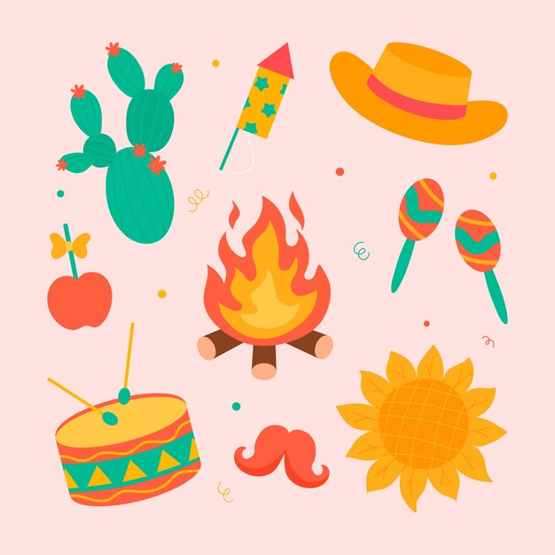 Colección de elementos de diseño plano para la celebración brasileña de festas juninas
