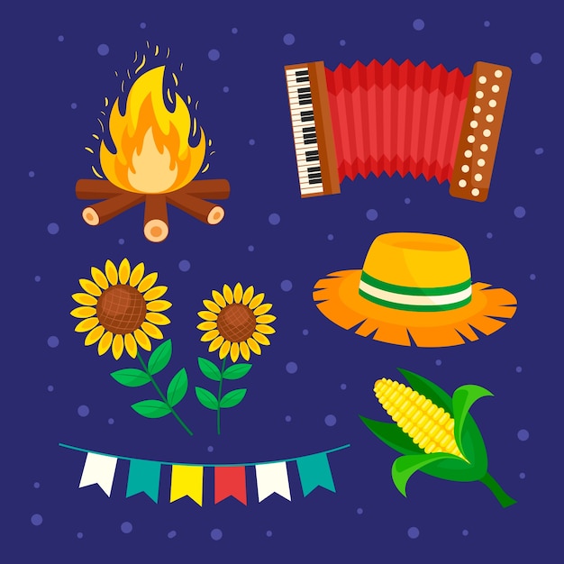 Colección de elementos de diseño plano para la celebración brasileña de festas juninas
