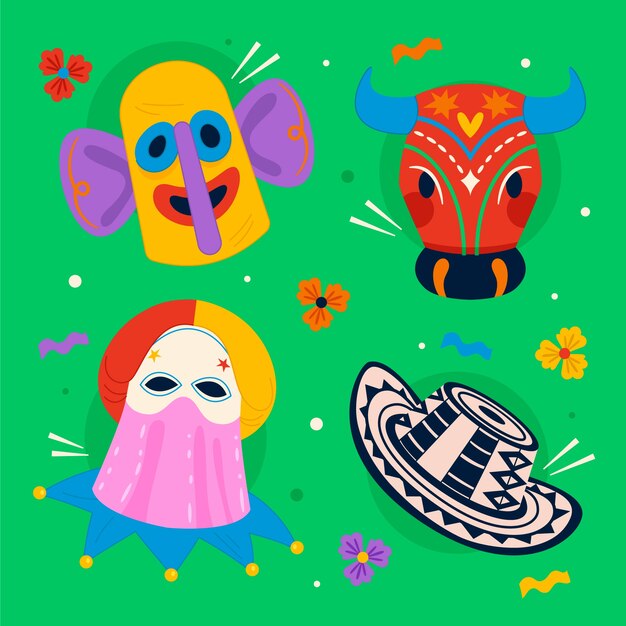 Colección de elementos de diseño plano para la celebración del carnaval de barranquilla
