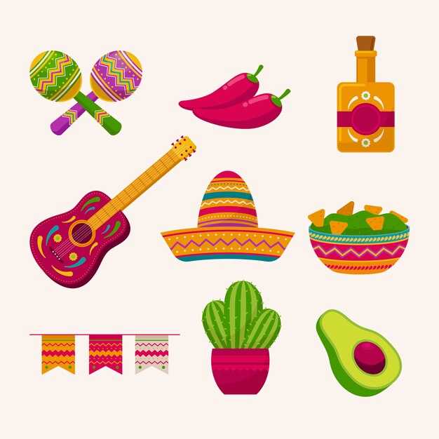 Colección de elementos de diseño plano para la celebración del cinco de mayo