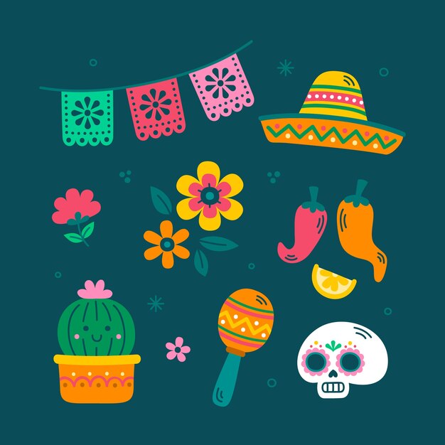 Colección de elementos de diseño plano para la celebración del cinco de mayo