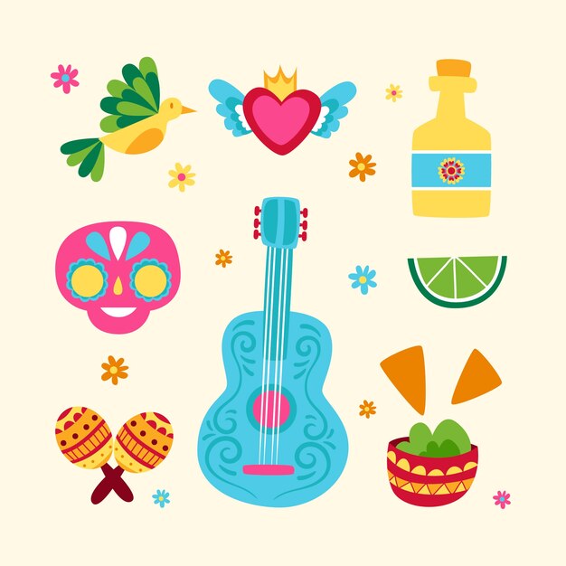 Colección de elementos de diseño plano para la celebración del cinco de mayo