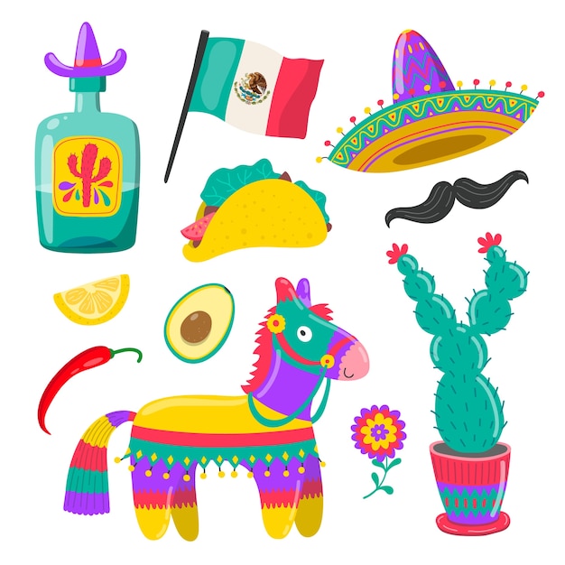 Colección de elementos de diseño plano para la celebración del cinco de mayo