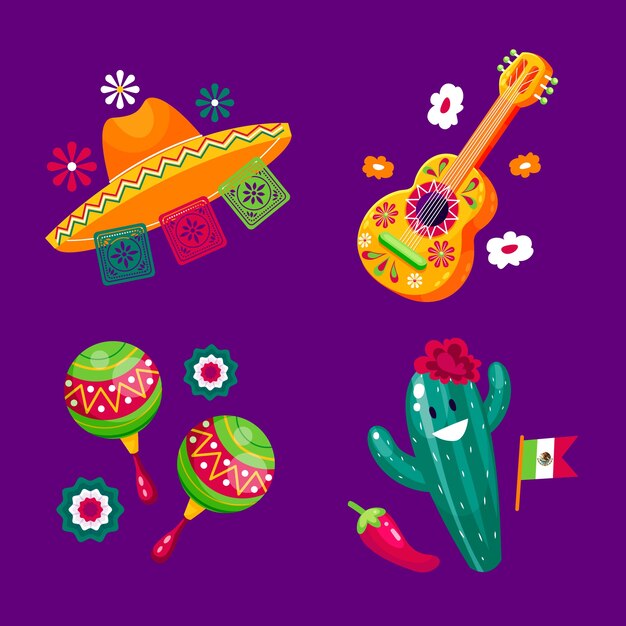 Colección de elementos de diseño plano para la celebración del cinco de mayo