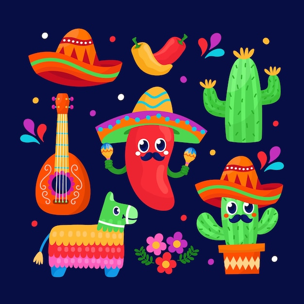 Colección de elementos de diseño plano para la celebración del cinco de mayo