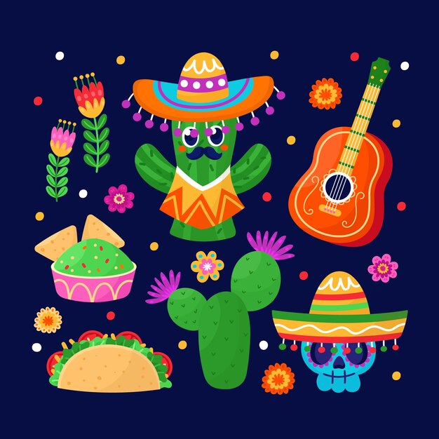Colección de elementos de diseño plano para la celebración del cinco de mayo