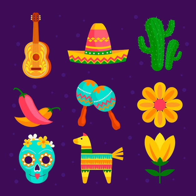 Colección de elementos de diseño plano para la celebración del cinco de mayo
