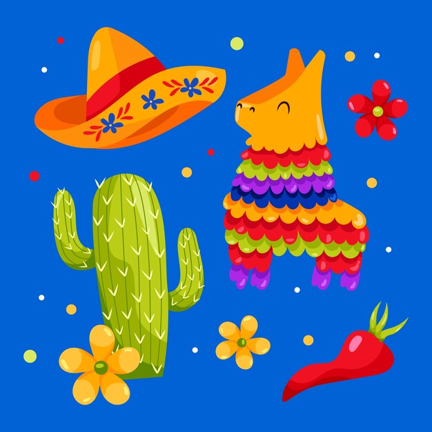 Colección de elementos de diseño plano para la celebración del cinco de mayo
