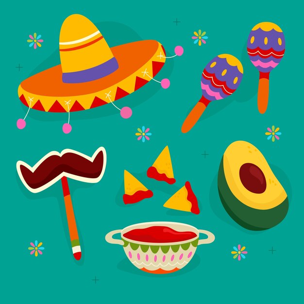 Colección de elementos de diseño plano para la celebración del cinco de mayo
