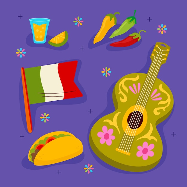 Colección de elementos de diseño plano para la celebración del cinco de mayo