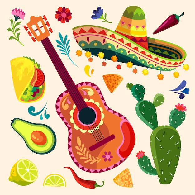 Colección de elementos de diseño plano para la celebración del cinco de mayo