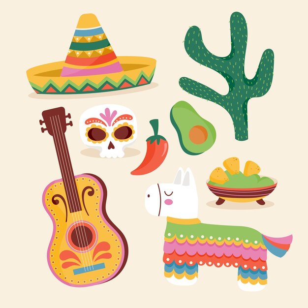 Colección de elementos de diseño plano para la celebración del cinco de mayo