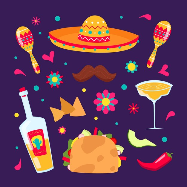 Colección de elementos de diseño plano para la celebración del cinco de mayo
