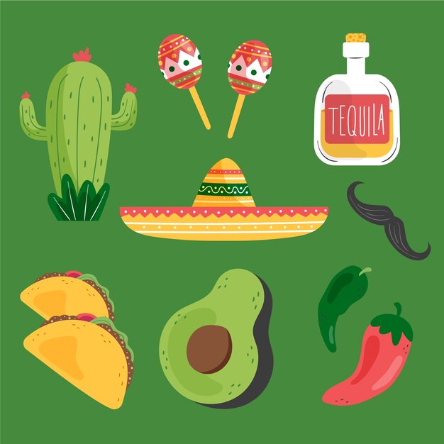 Colección de elementos de diseño plano para la celebración del cinco de mayo