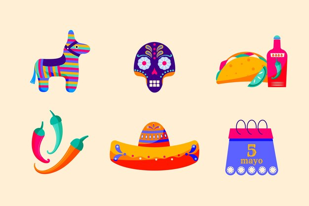 Colección de elementos de diseño plano para la celebración del cinco de mayo