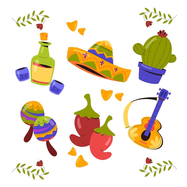 Colección de elementos de diseño plano para la celebración del cinco de mayo