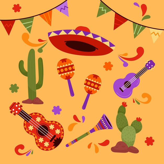 Colección de elementos de diseño plano para la celebración del cinco de mayo