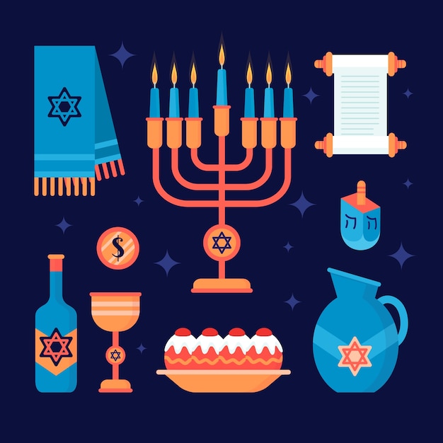 Colección de elementos de diseño plano para la celebración de hanukkah.