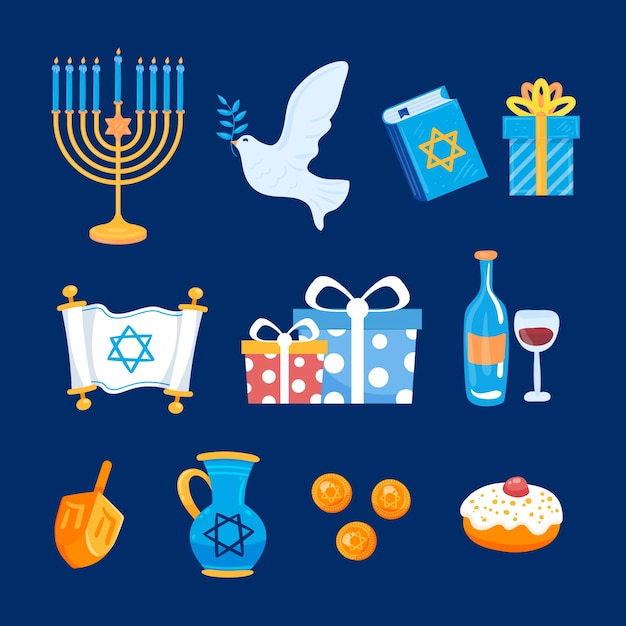 Colección de elementos de diseño plano para la celebración de hanukkah.