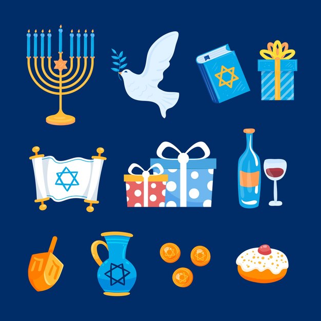 Colección de elementos de diseño plano para la celebración de hanukkah.