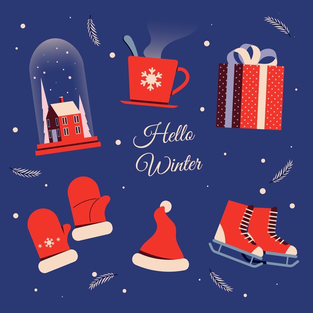 Colección de elementos de diseño plano para la celebración de la temporada de invierno.