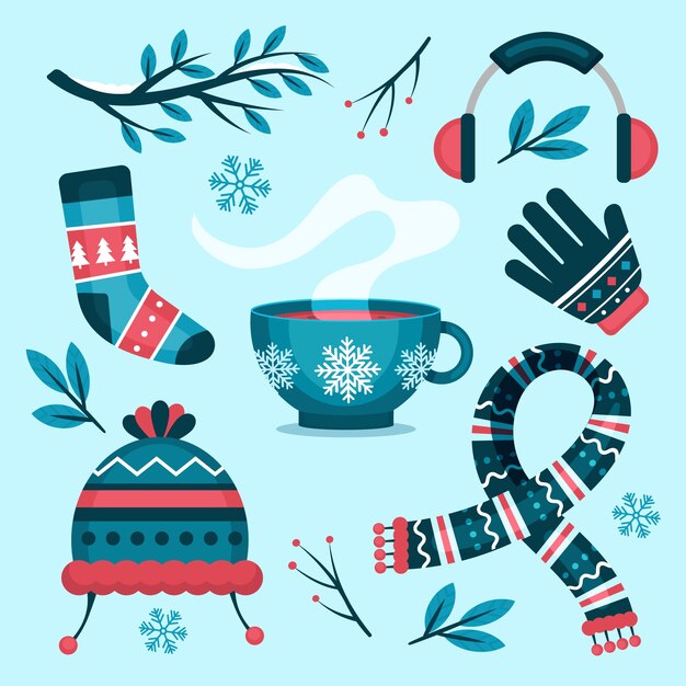Colección de elementos de diseño plano para la celebración de la temporada de invierno.