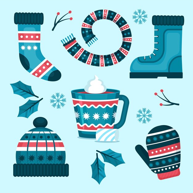 Colección de elementos de diseño plano para la celebración de la temporada de invierno.