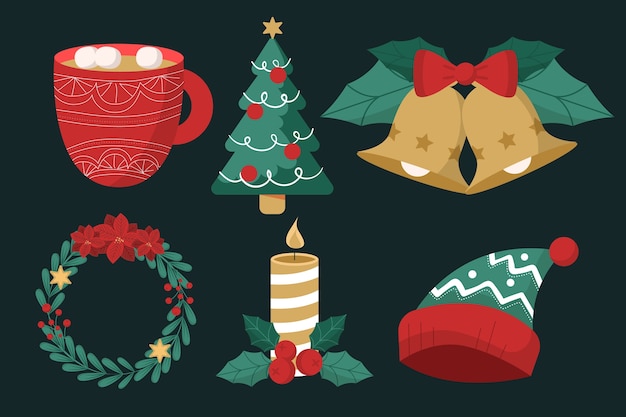 Colección de elementos de diseño plano para la celebración de la temporada navideña.